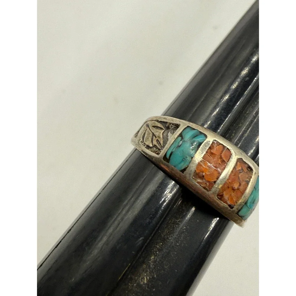 VTG Sterling Silver Turquoise Coral Inlay Native‎ American Ring Sz 8.25 Broken